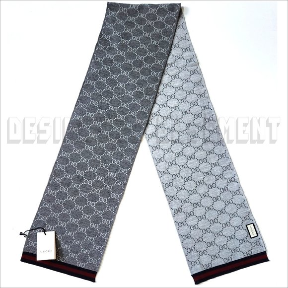 GUCCI gray & white SOLANGE Original GG red & blue WEB wool reversible long scarf - Picture 2 of 5